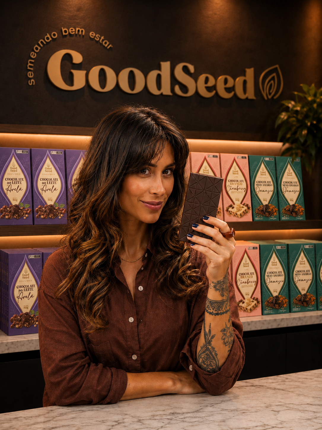 Mulher em momento de pausa com chocolate GoodSeed