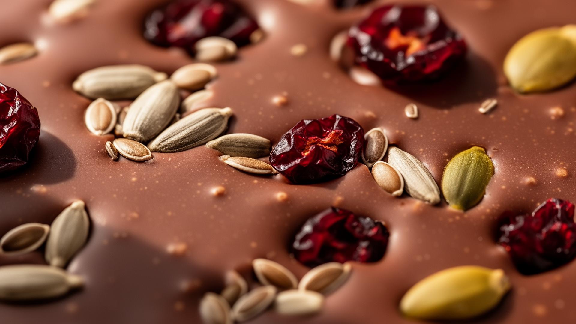 Textura macro do chocolate GoodSeed com sementes e cranberry